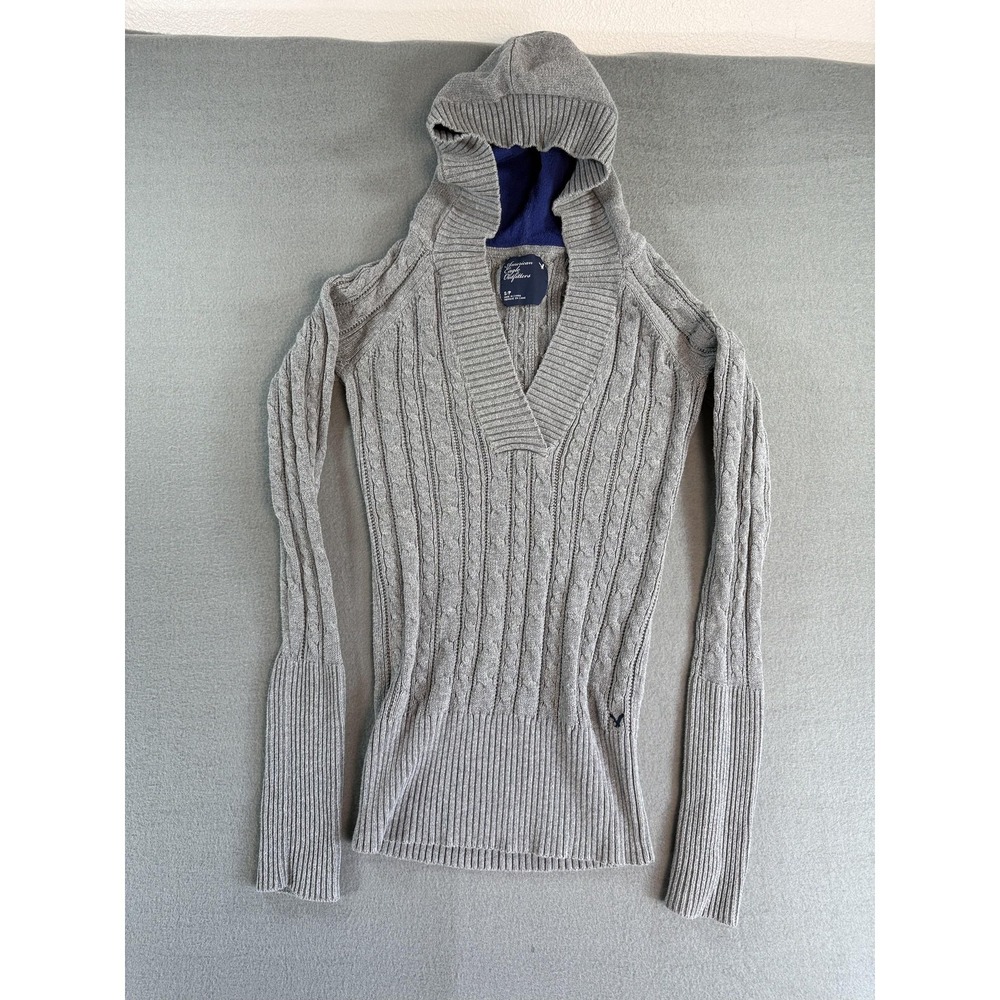 Y2k American Eagle Outfitters Sweater Womens S Gray Hooded Cable Knit V Neck